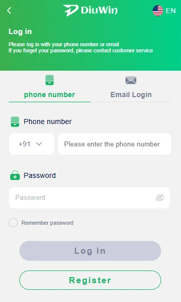 Diu Win game login page